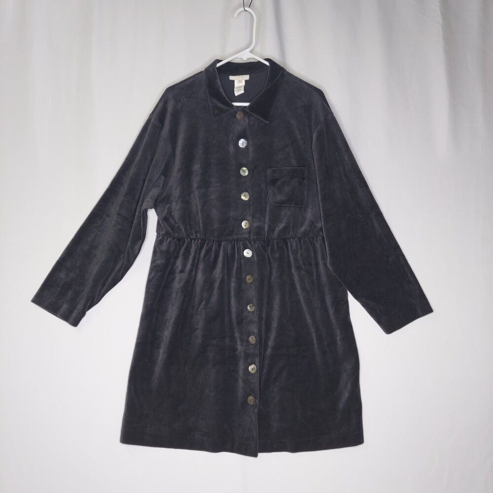 J Jill Velour Babydoll Dress XL Gray Long Sleeve Full-Button Collar  Knee Length